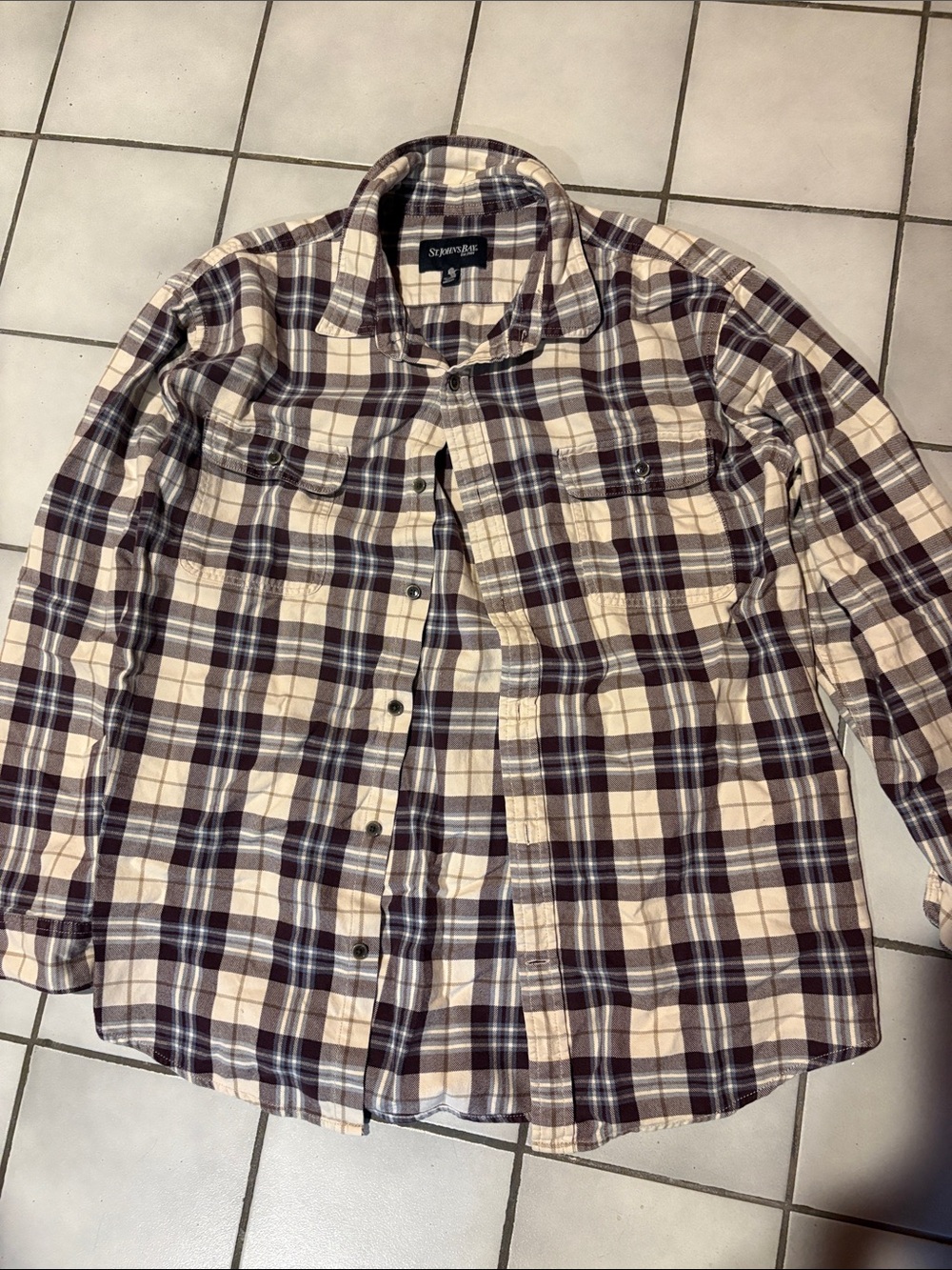 St. John's Bay Men's Cream and Brown Plaid Button-Down Shirt
